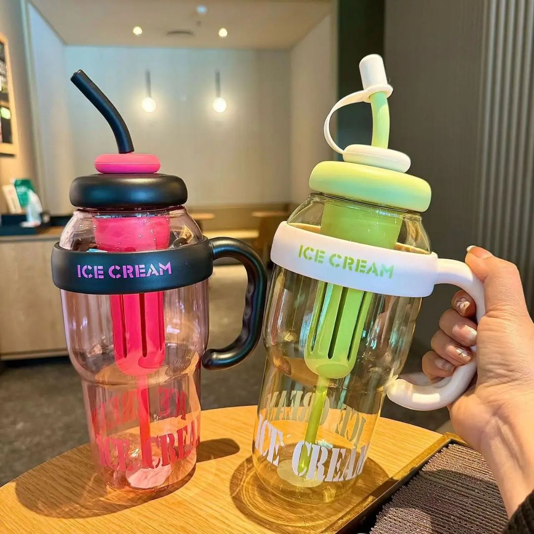 Ice Cream Shaker Bottle with Handle | Milkshake & Juice Maker Mug | Straw Mug Bottle