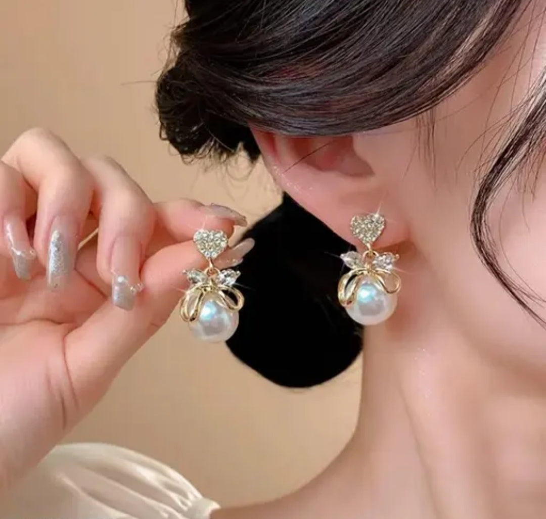 ✨ Elegant Heart & Pearl Stud Earrings for Women & Girls | Stylish Gold Plated Bow Design | Party & Daily Wear Jewelry
