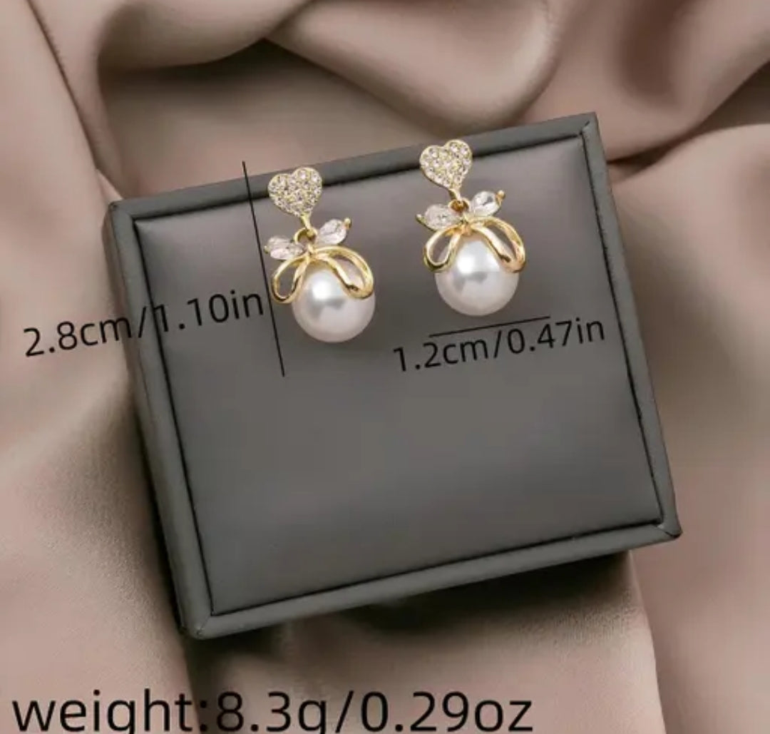 ✨ Elegant Heart & Pearl Stud Earrings for Women & Girls | Stylish Gold Plated Bow Design | Party & Daily Wear Jewelry