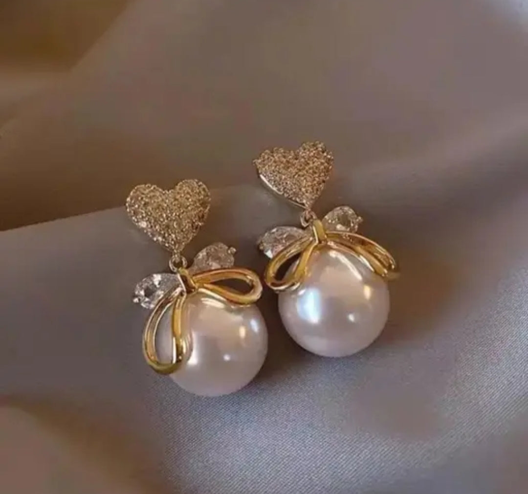 ✨ Elegant Heart & Pearl Stud Earrings for Women & Girls | Stylish Gold Plated Bow Design | Party & Daily Wear Jewelry