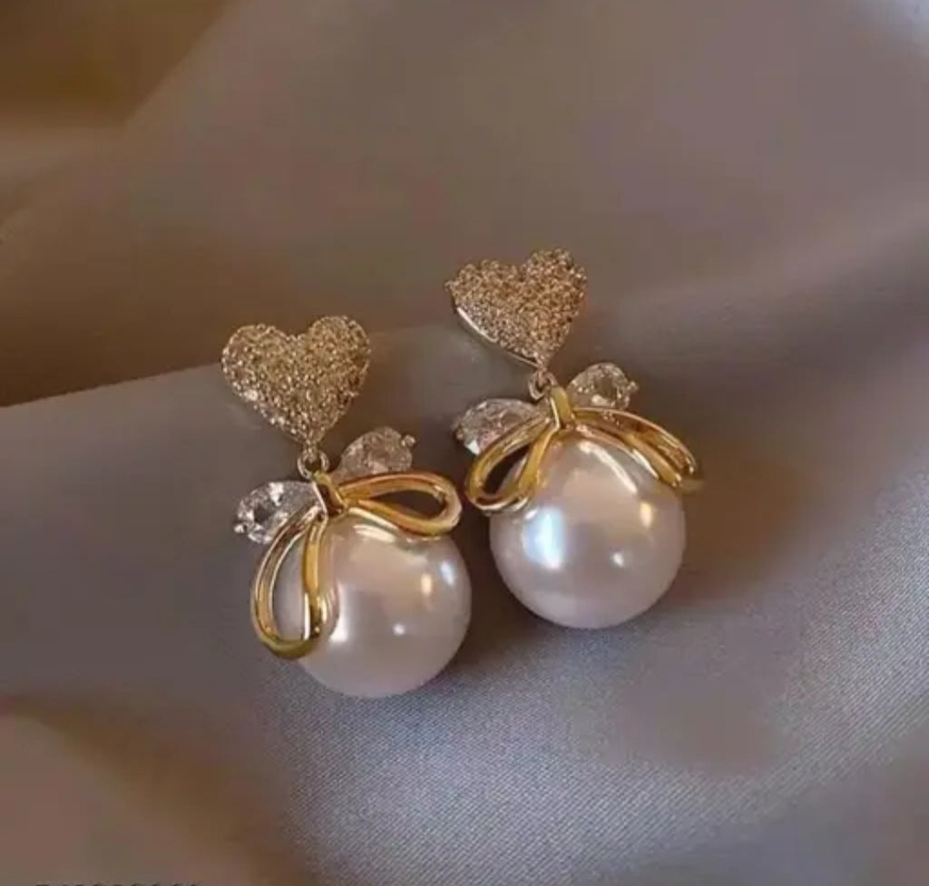 ✨ Elegant Heart & Pearl Stud Earrings for Women & Girls | Stylish Gold Plated Bow Design | Party & Daily Wear Jewelry