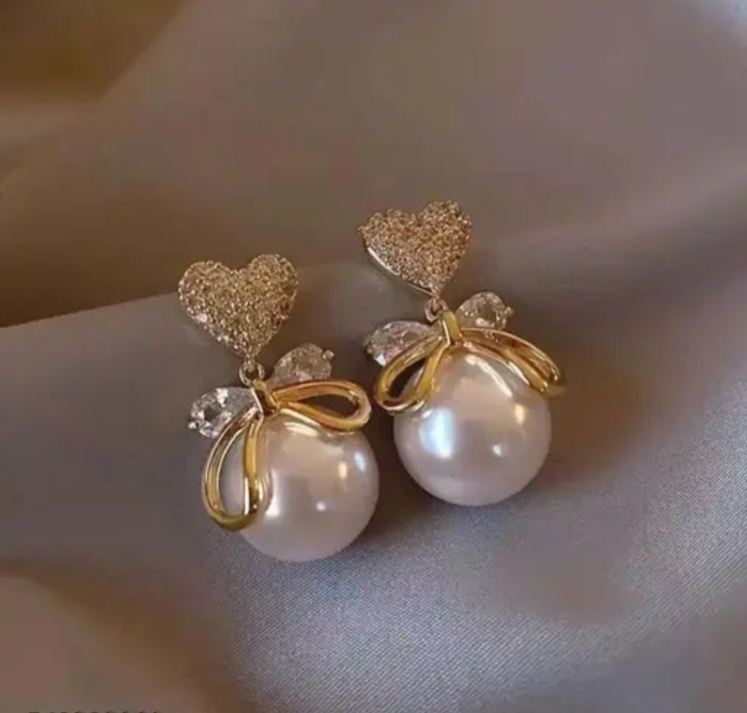 ✨ Elegant Heart & Pearl Stud Earrings for Women & Girls | Stylish Gold Plated Bow Design | Party & Daily Wear Jewelry